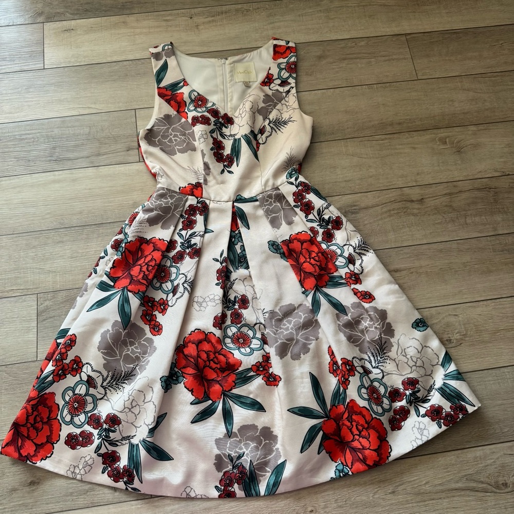 Modcloth Red and Gray Floral Midi Dress
